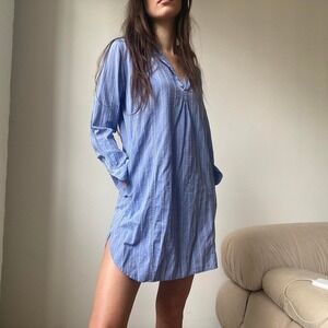 Blue White Striped Long Sleeve Beach Cover Up Tunic Dress Size XS